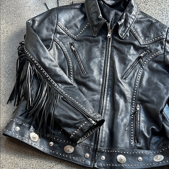 Black Fringe Leather Jacket with Studs - Picture 9 of 9